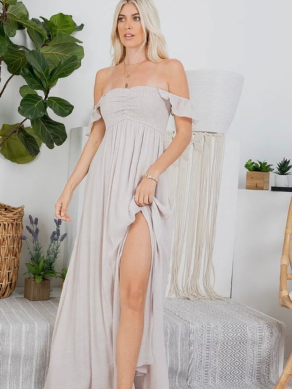 D68-Ruffle Sleeve Smocked Maxi Dress